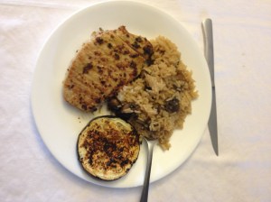 Spicy Pork, Mushroomy Rice Pilaf, Sun-Dried Tomato & Balsamic Eggplant